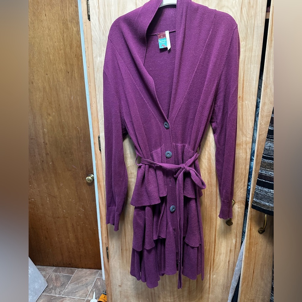 MATILDA JANE Long Purple Button-Front Cardigan with Belt RUFFLES and so fun! L